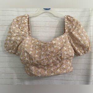 cottage core pink and yellow cropped blouse with puffy sleeves